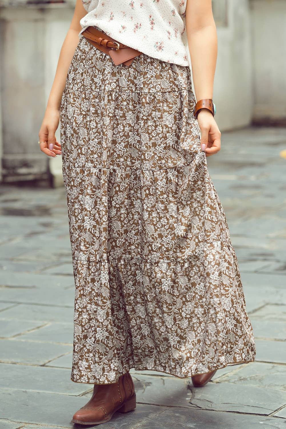 Western Floral Print Ruffled Hem High Waist Loose Maxi Skirt