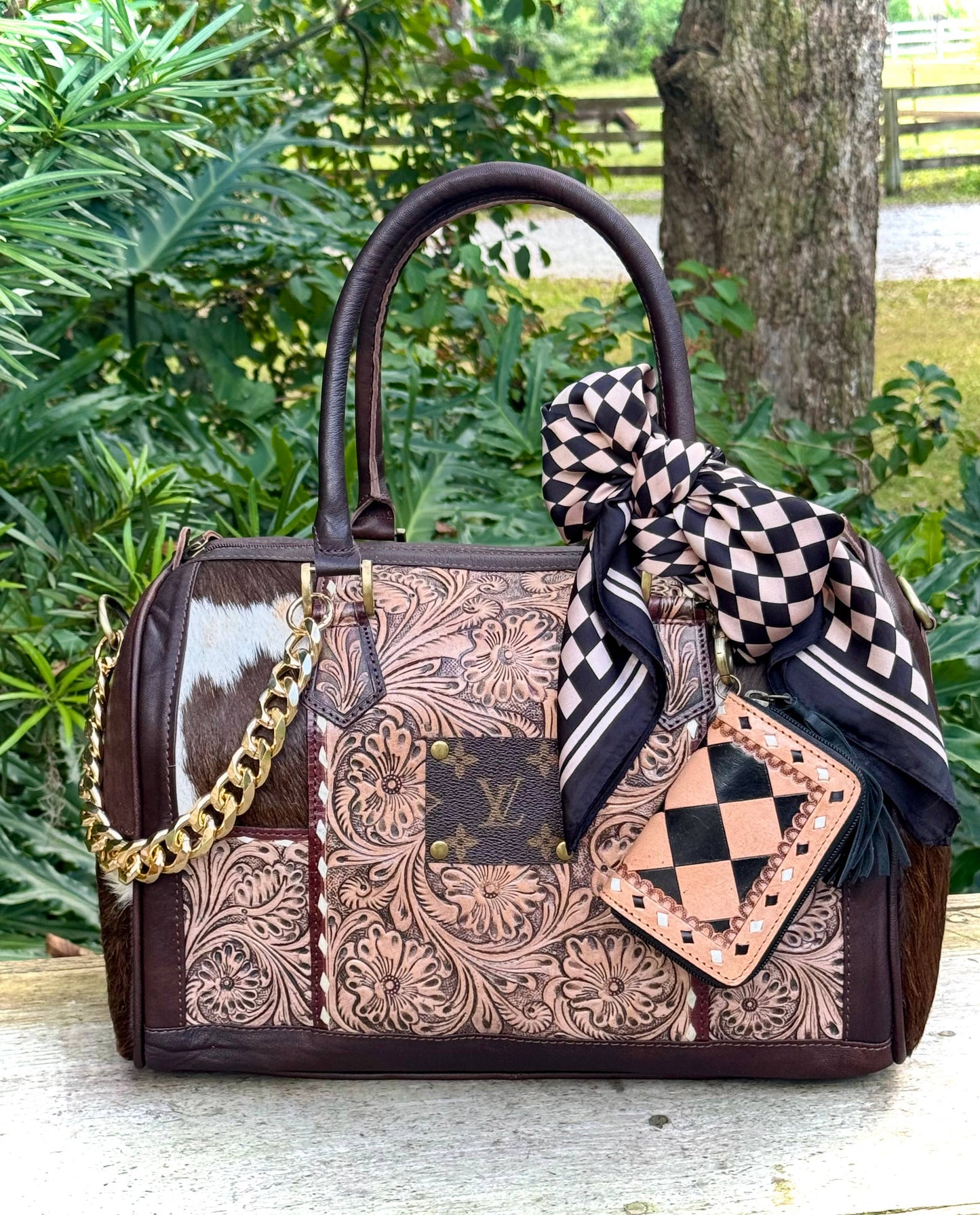 Upcycled LV Tooled Leather Cowhide Crossbody Bag 