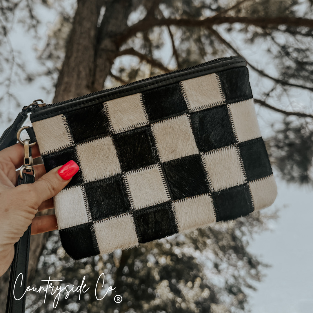 Stockyard Checkered Cowhide Wristlet Pouch