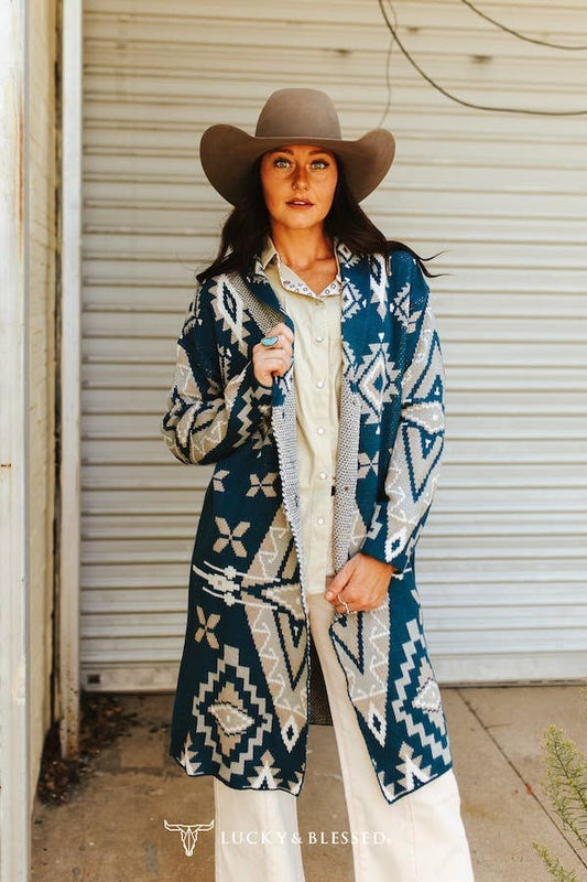 Teal Ivory Aztec Knitted Button Down Cardigan Sweater