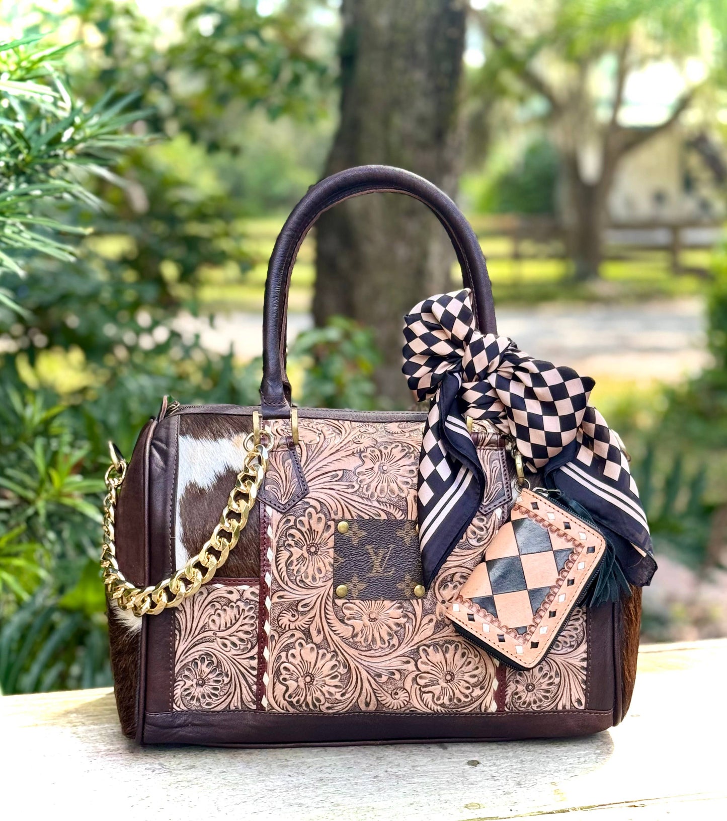 Upcycled LV Tooled Leather Cowhide Crossbody Bag 