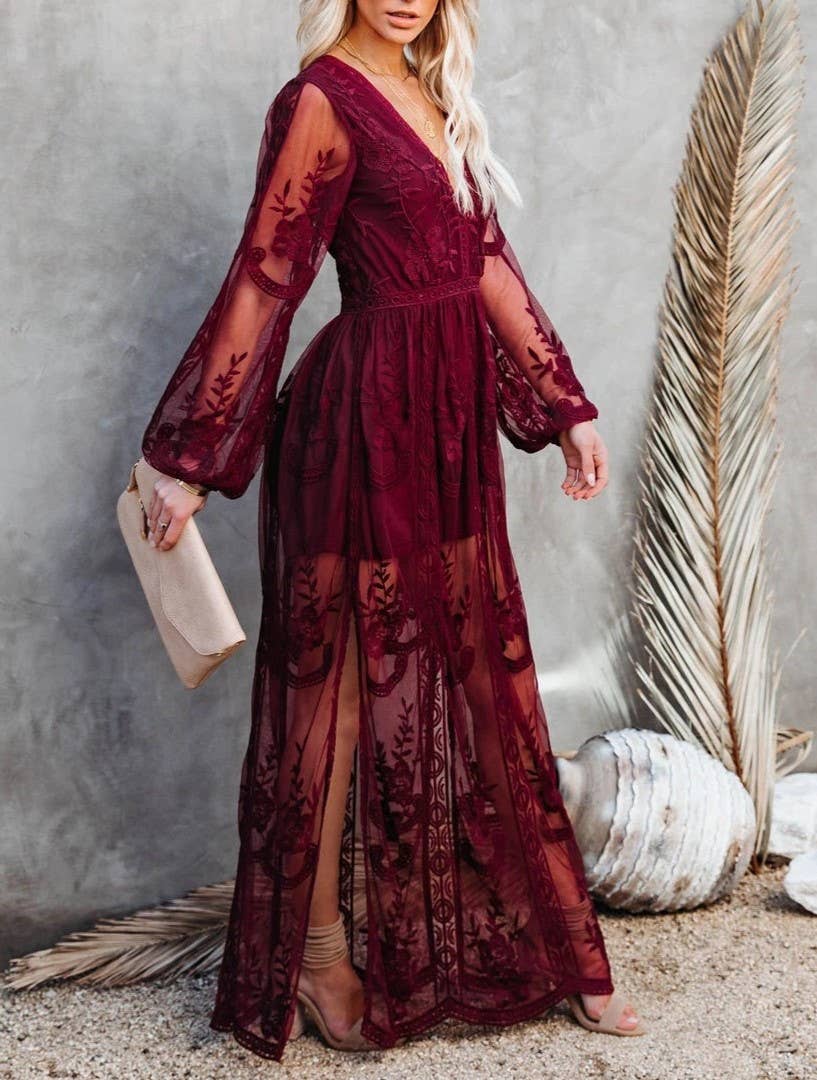Wine Lace Long Sleeved Summer Maxi