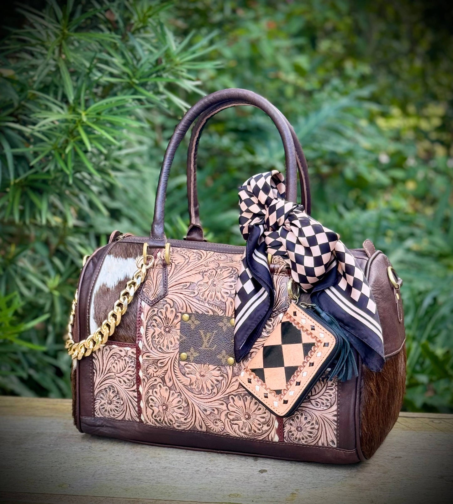 Upcycled LV Tooled Leather Cowhide Crossbody Bag 