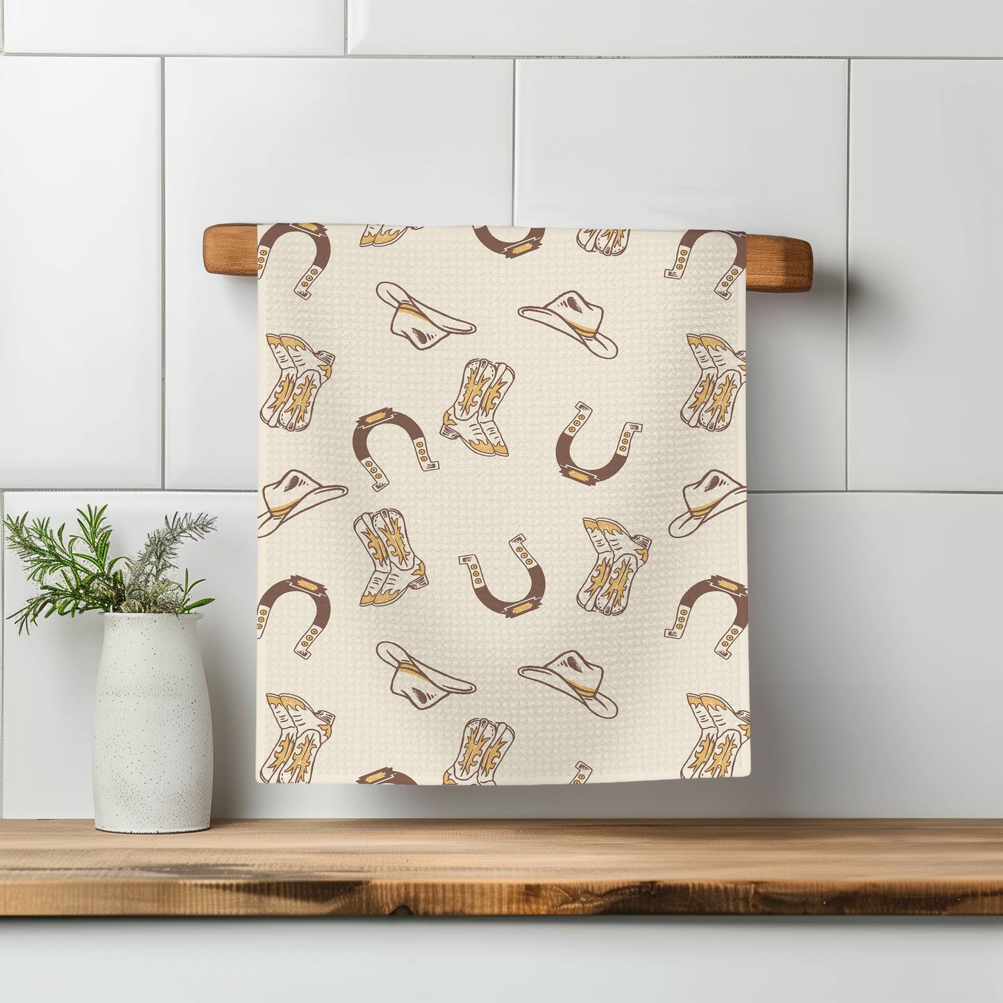 Retro Western Horse Boots Cowboy Hat Kitchen Towel Waffle