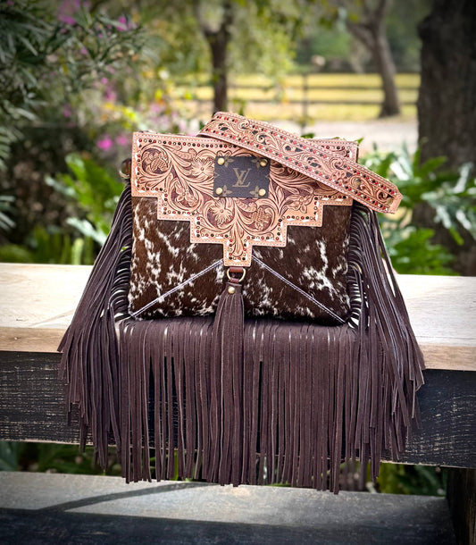 Upcycled LV Cowhide Tooled Leather Fringe Crossbody Bag 
