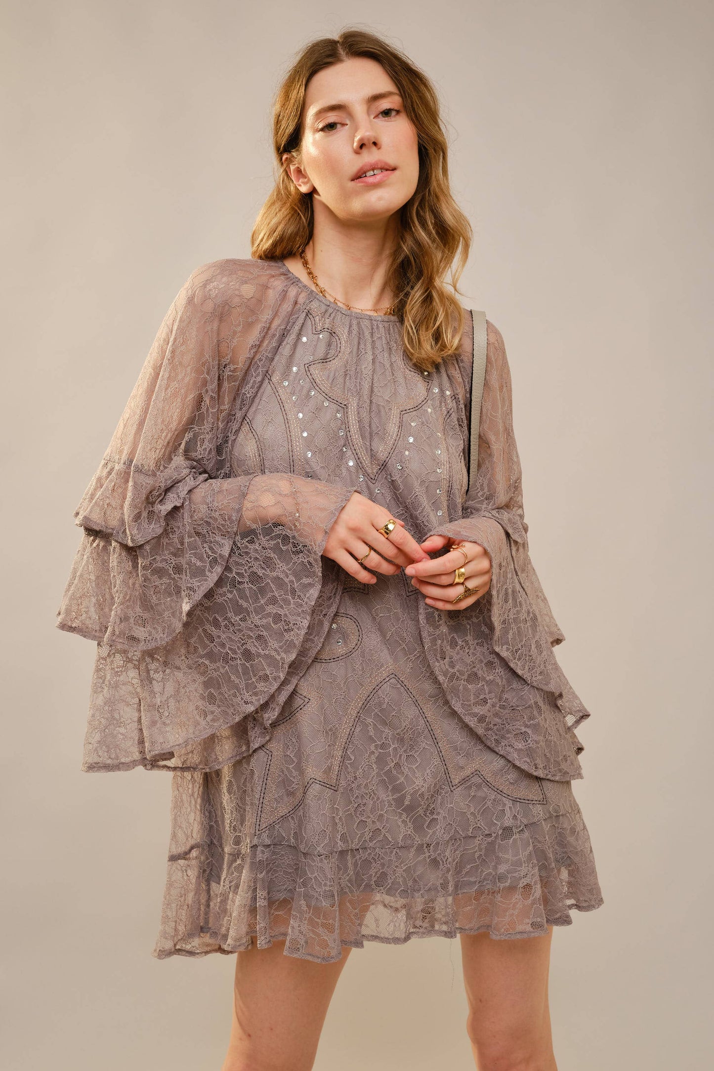 Round Neck Western Embroidery Ruffle Sleeve Dress