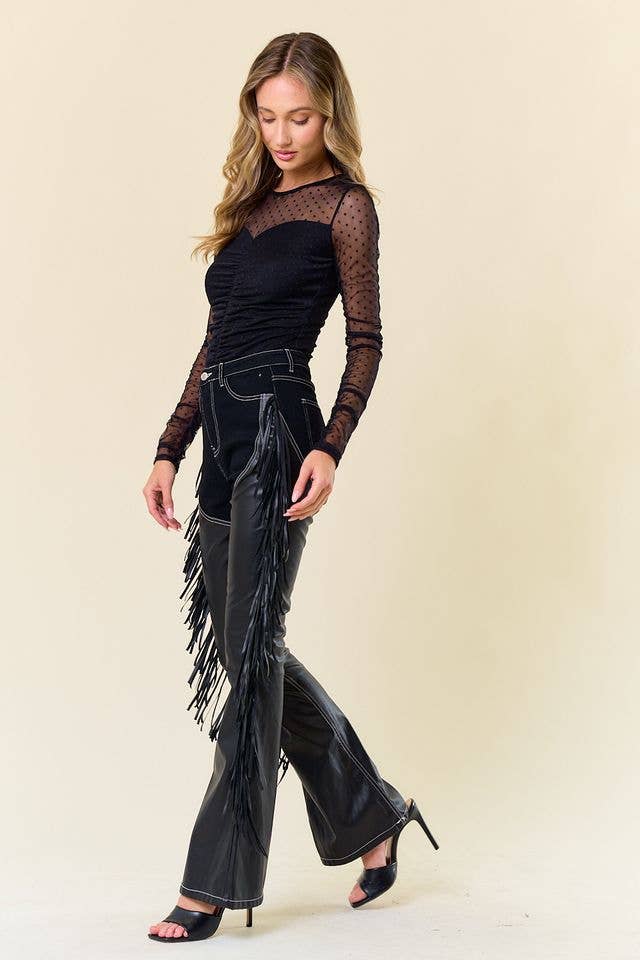 BLACK DENIM CHAPS FRINGED PANTS