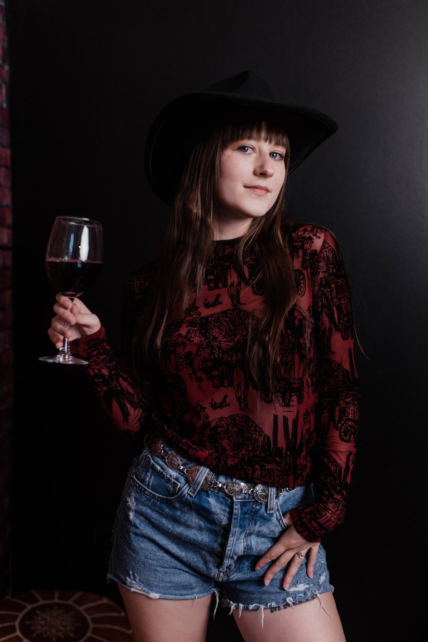 Old West Printed Mesh Top Maroon