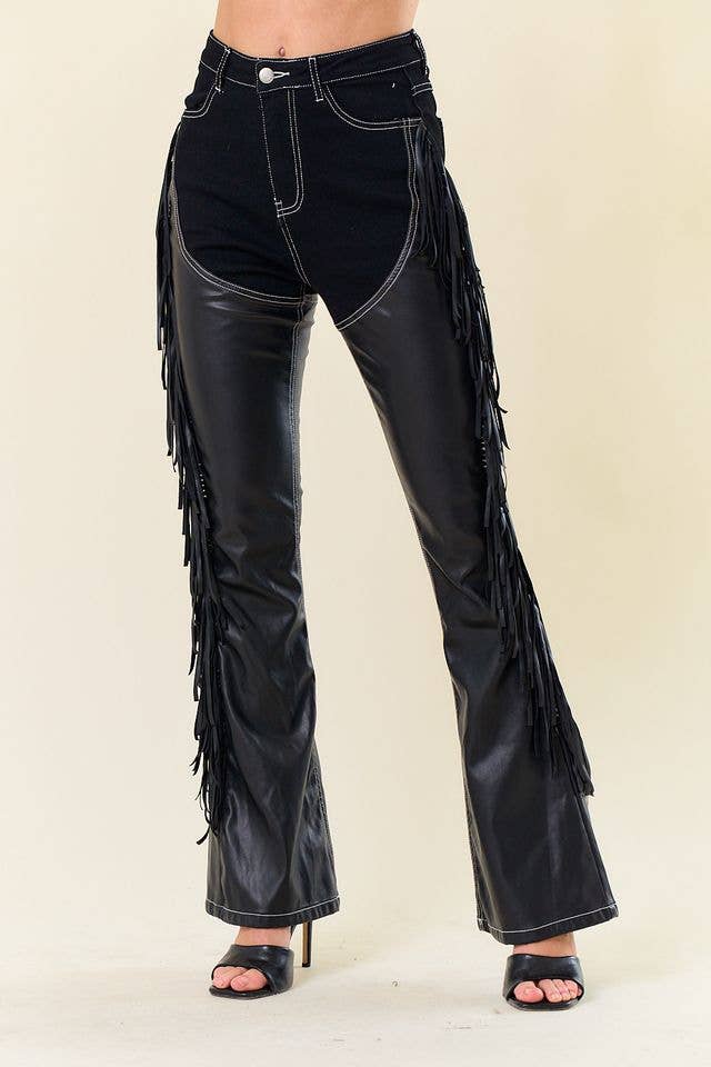BLACK DENIM CHAPS FRINGED PANTS