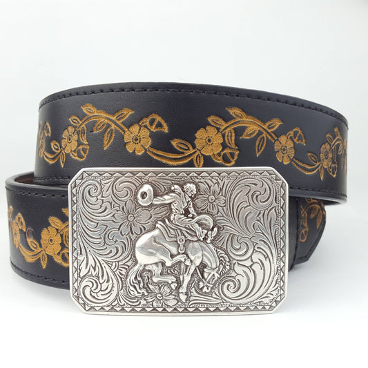 Silver Rodeo Buckle with Vintage floral tooled belt
