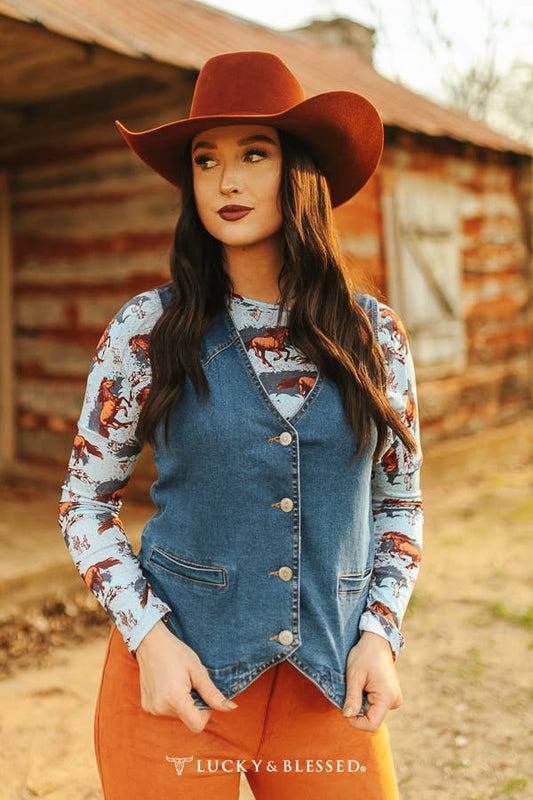 Dark Wash Button Down Western Yoke Vest