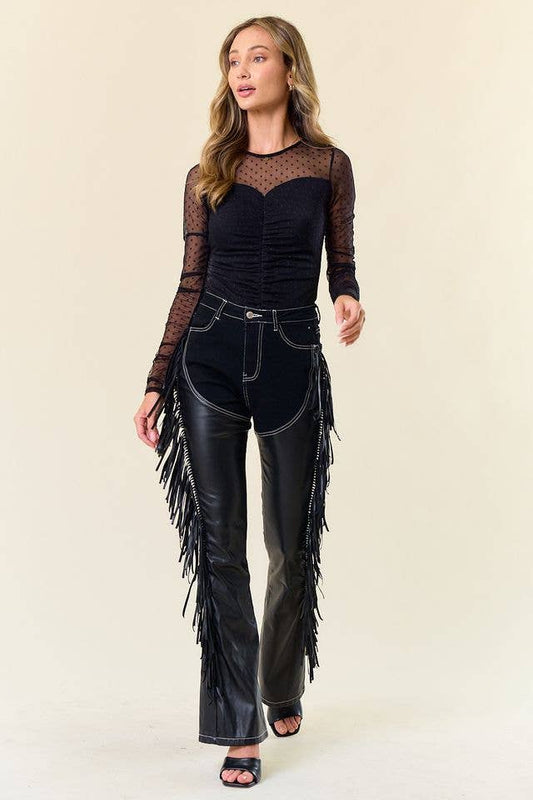 BLACK DENIM CHAPS FRINGED PANTS