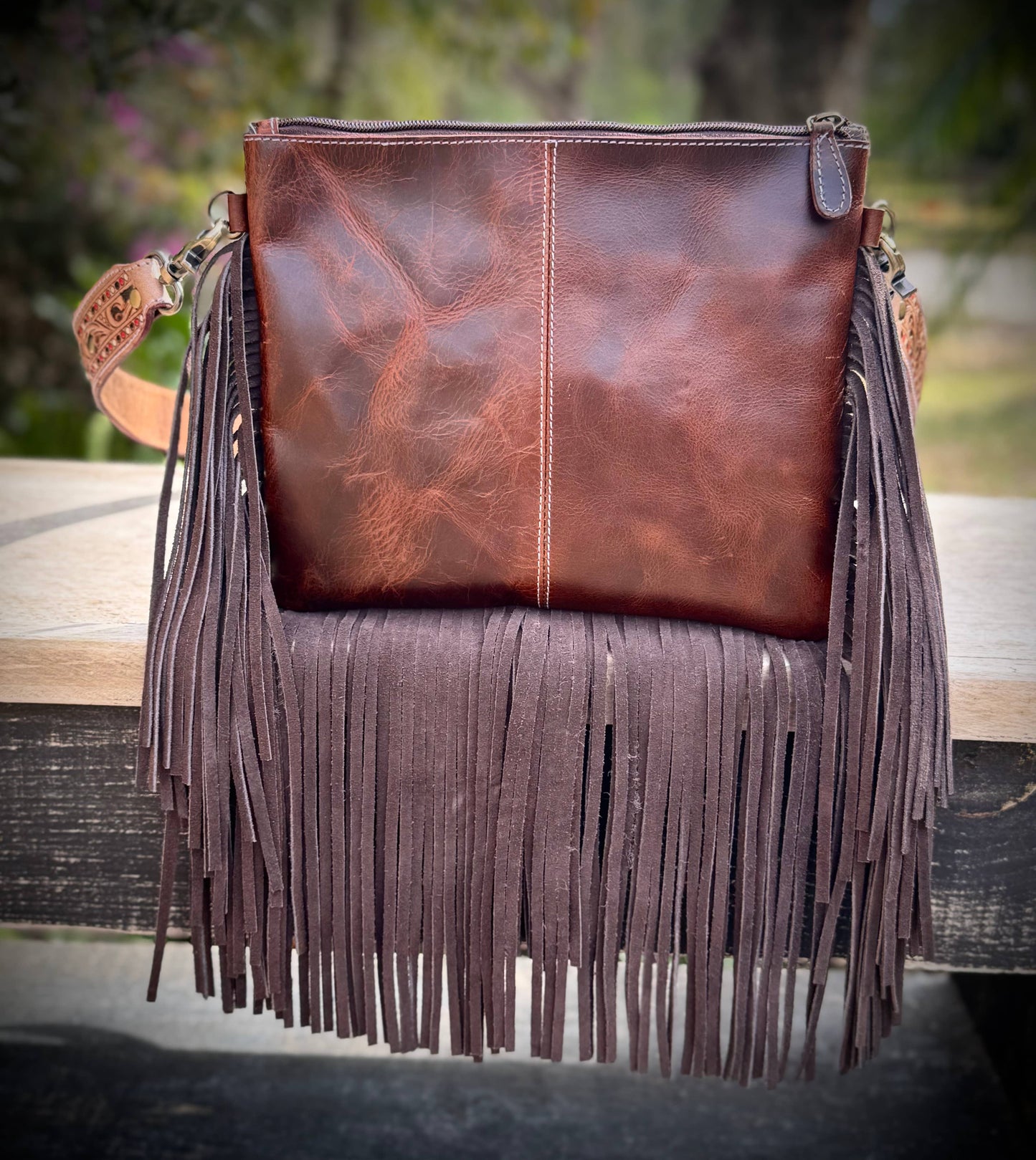 Upcycled LV Cowhide Tooled Leather Fringe Crossbody Bag 