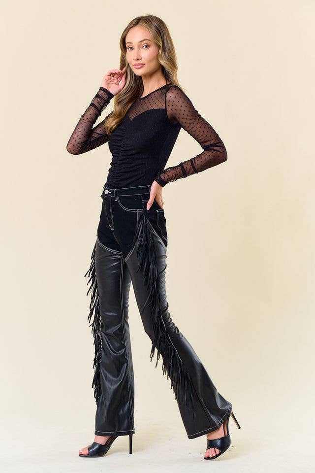 BLACK DENIM CHAPS FRINGED PANTS