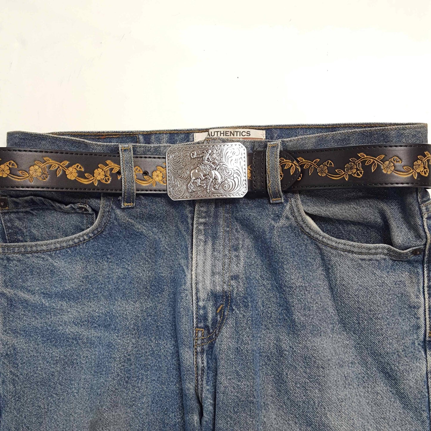 Silver Rodeo Buckle with Vintage floral tooled belt