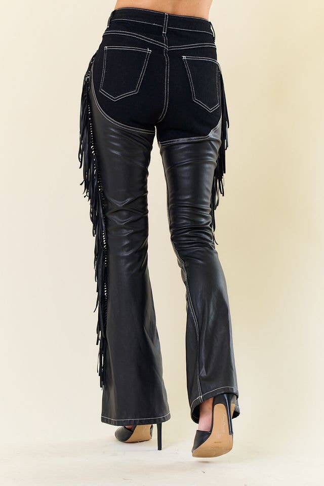 BLACK DENIM CHAPS FRINGED PANTS