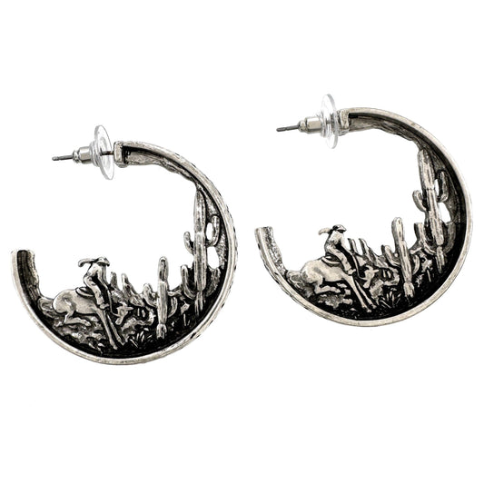 Cowboy Riding in Cactus Field Hoop Earrings