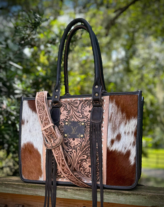 Upcycled Cowhide Tooled Leather Tote Crossbody Western 