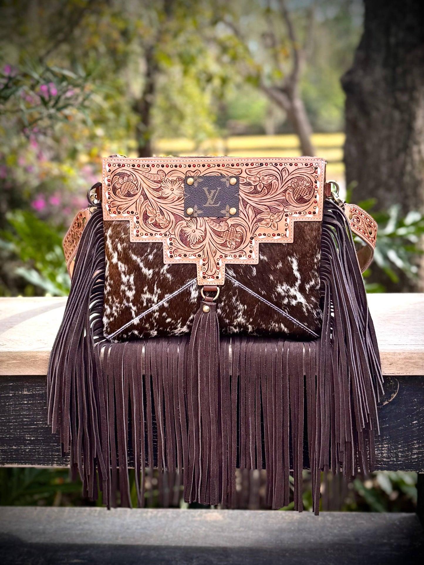 Upcycled LV Cowhide Tooled Leather Fringe Crossbody Bag 