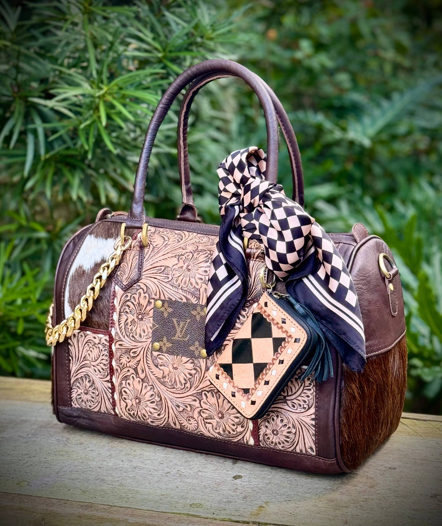Upcycled LV Tooled Leather Cowhide Crossbody Bag 