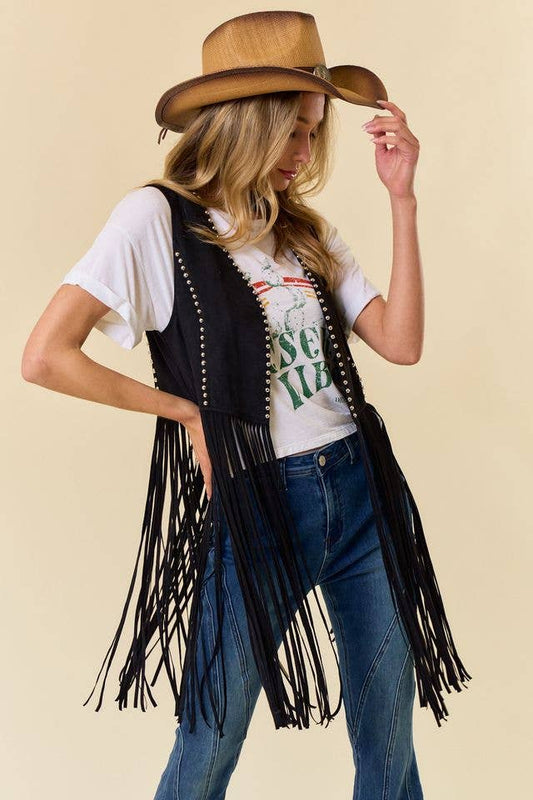 Black Studded Long Fringe Suede Vest