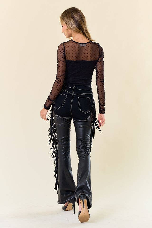 BLACK DENIM CHAPS FRINGED PANTS