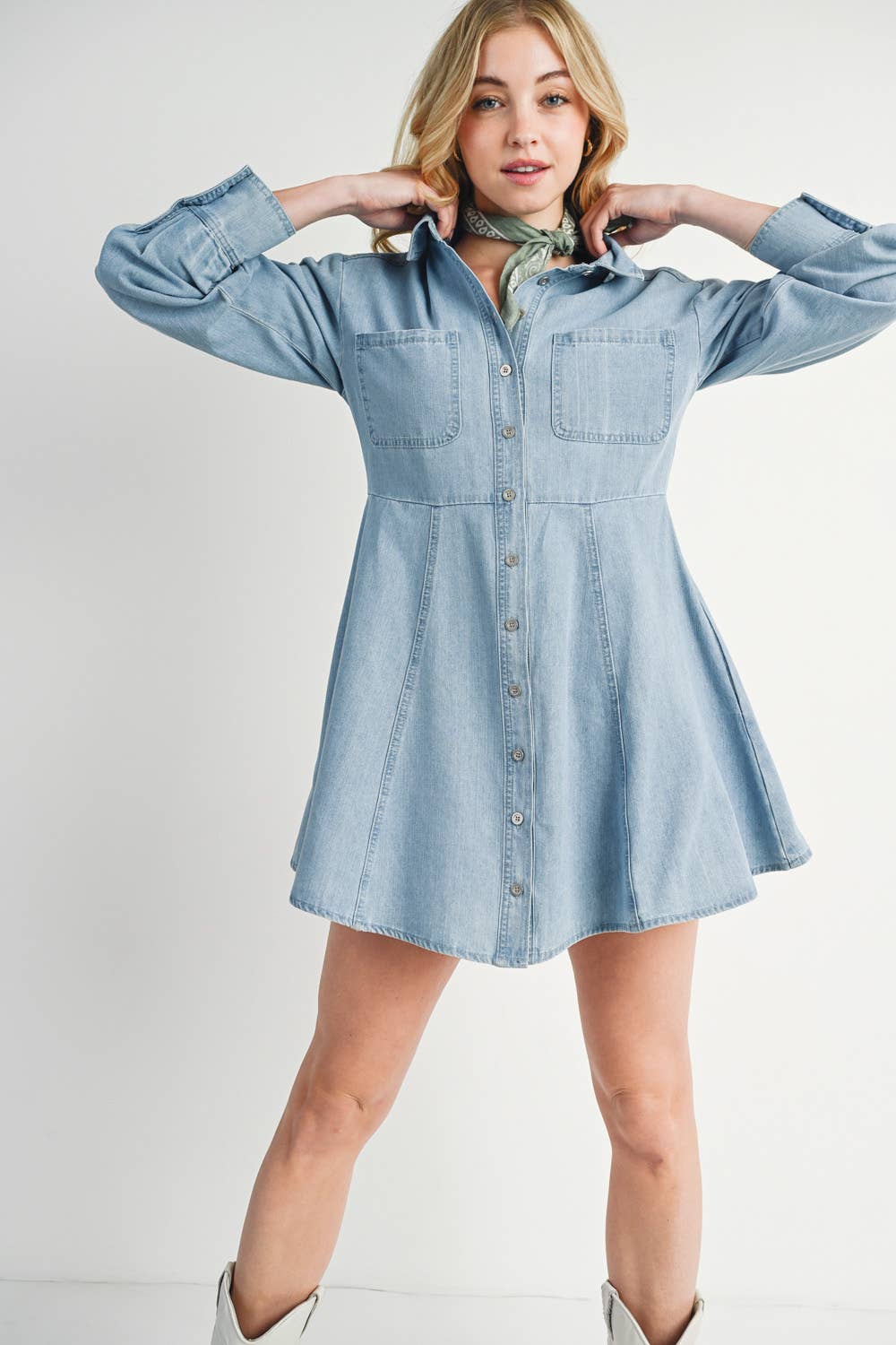 DENIM BUTTON DOWN SHIRT A-LINE DRESS