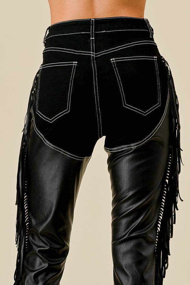 BLACK DENIM CHAPS FRINGED PANTS