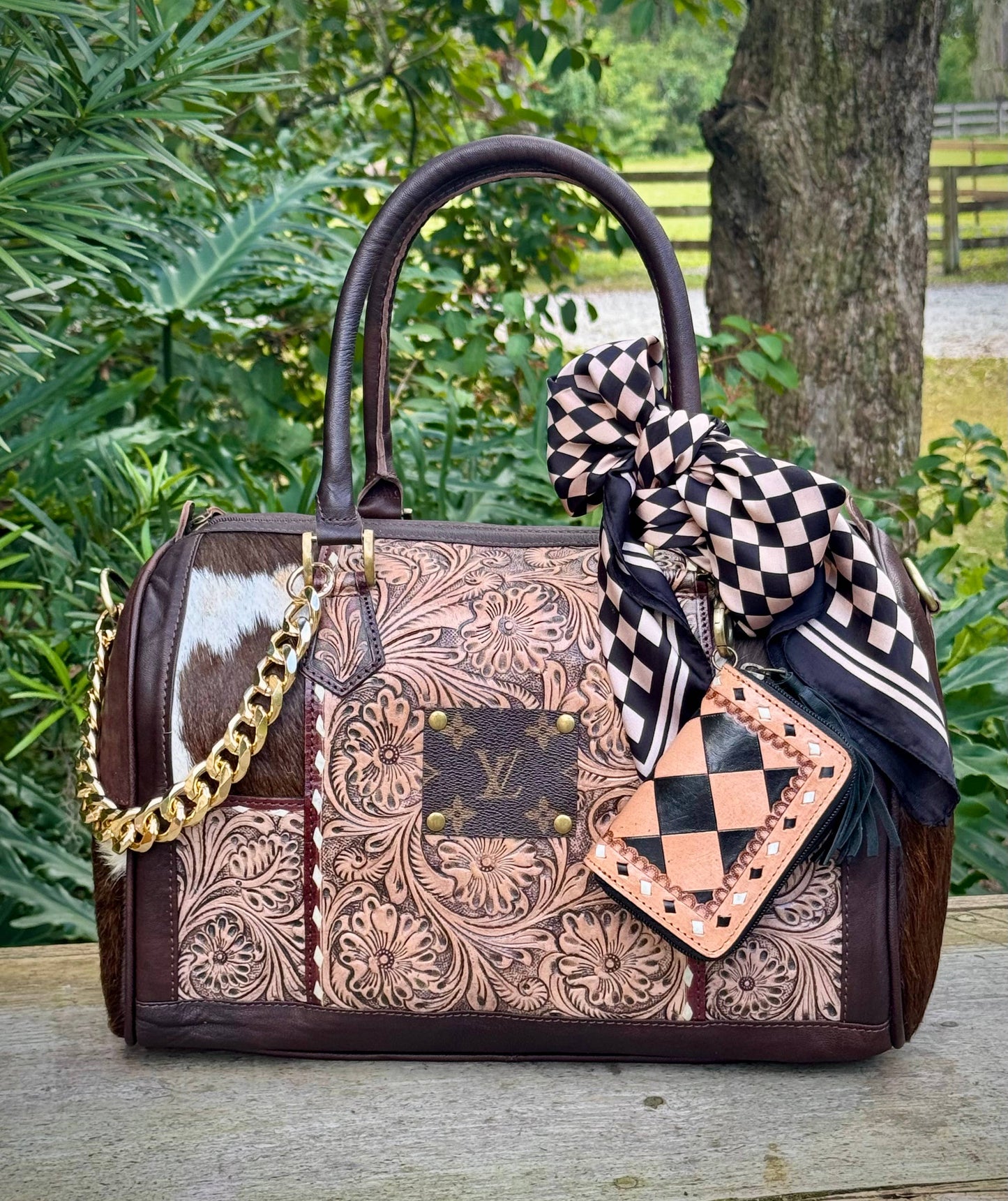 Upcycled LV Tooled Leather Cowhide Crossbody Bag 