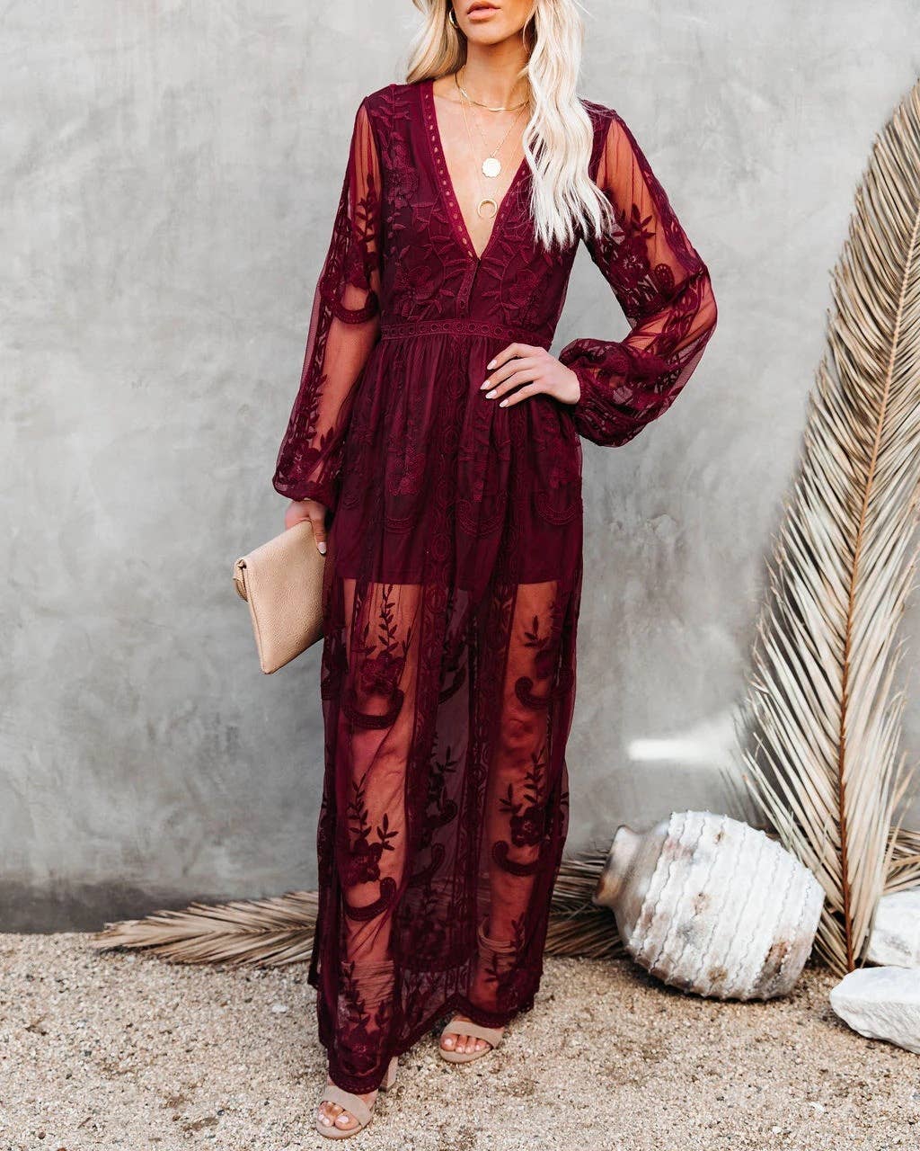 Wine Lace Long Sleeved Summer Maxi