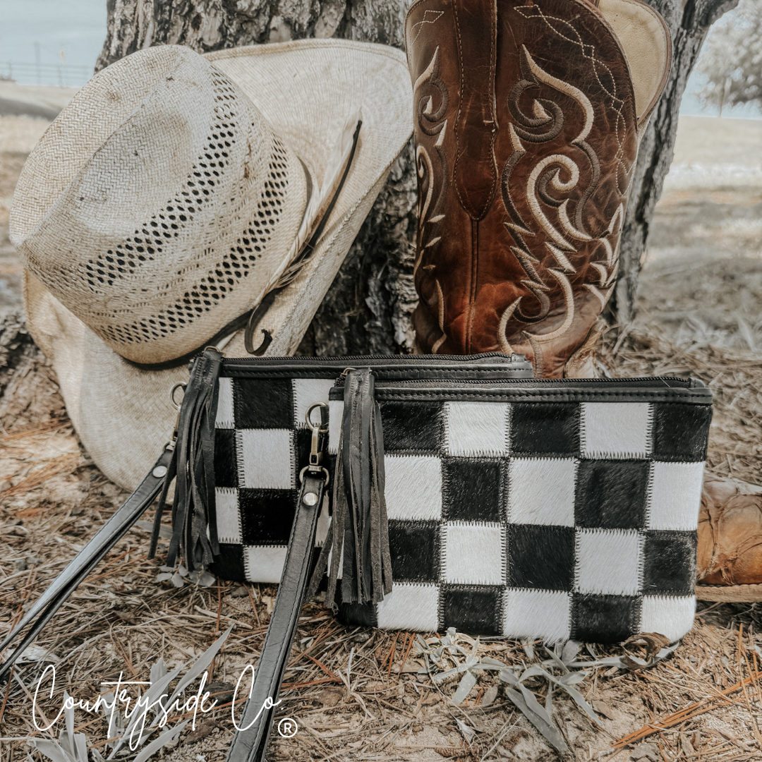 Stockyard Checkered Cowhide Wristlet Pouch