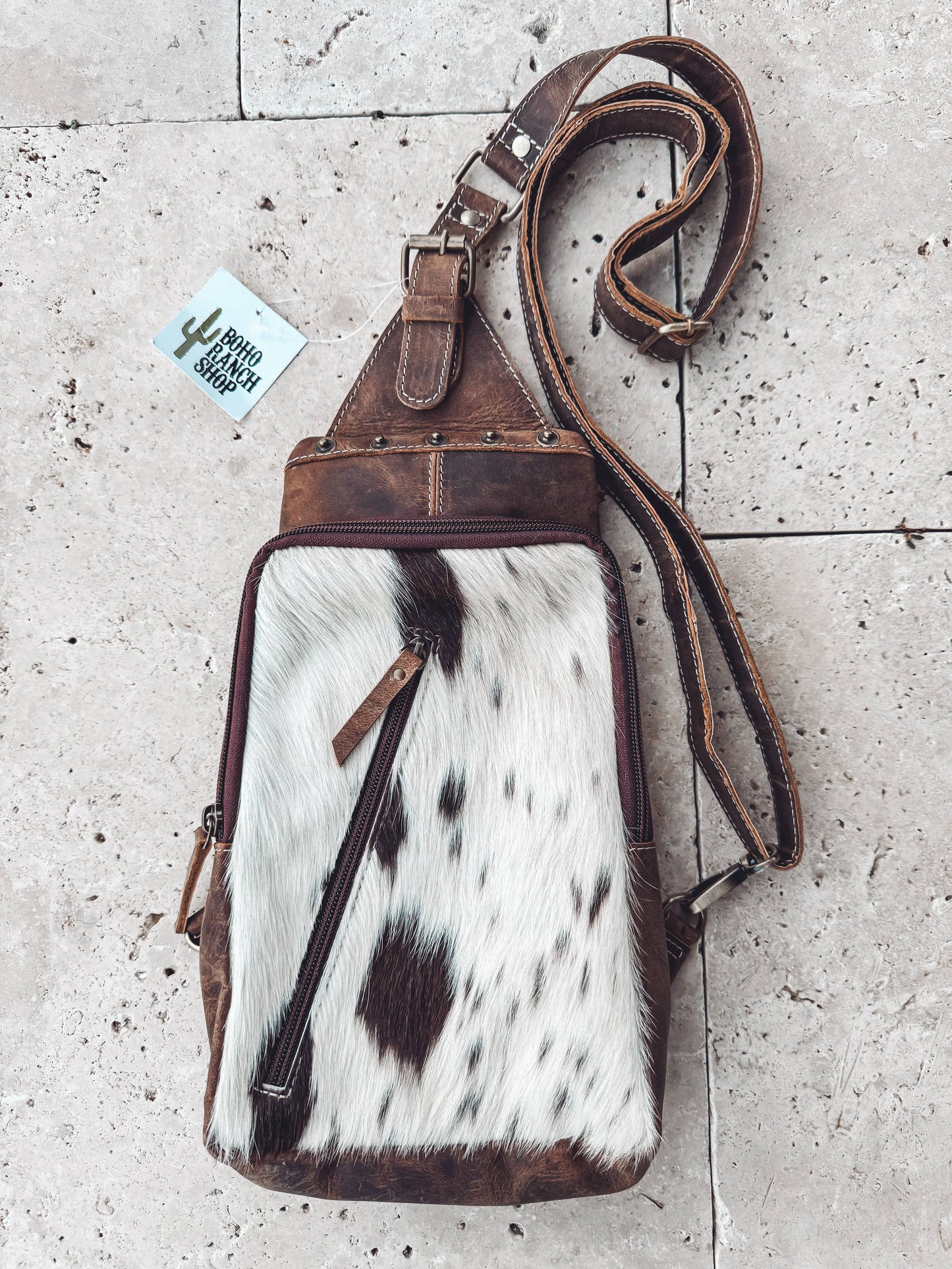 Western Cowhide Leather Sling Bag - travel bag chest bag