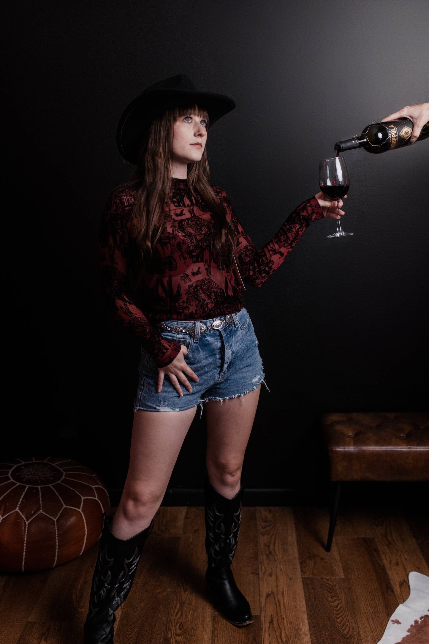 Old West Printed Mesh Top Maroon