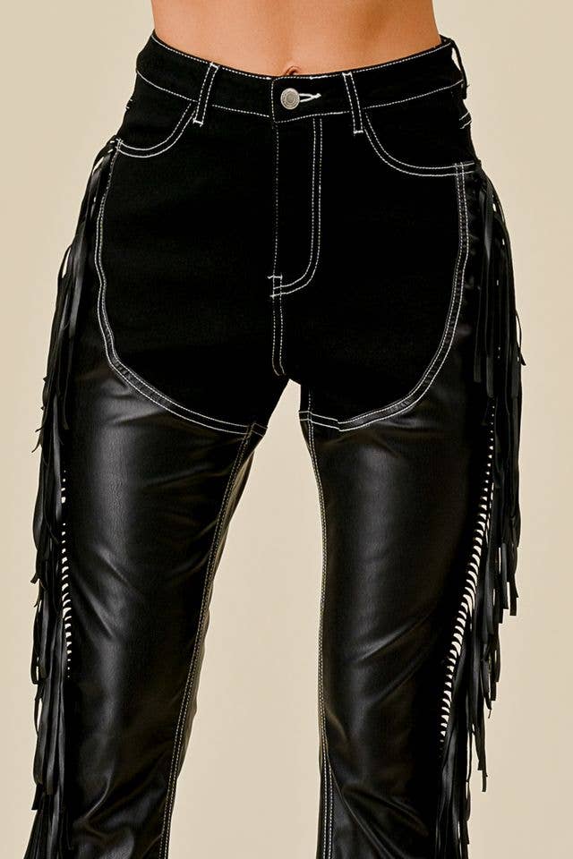 BLACK DENIM CHAPS FRINGED PANTS