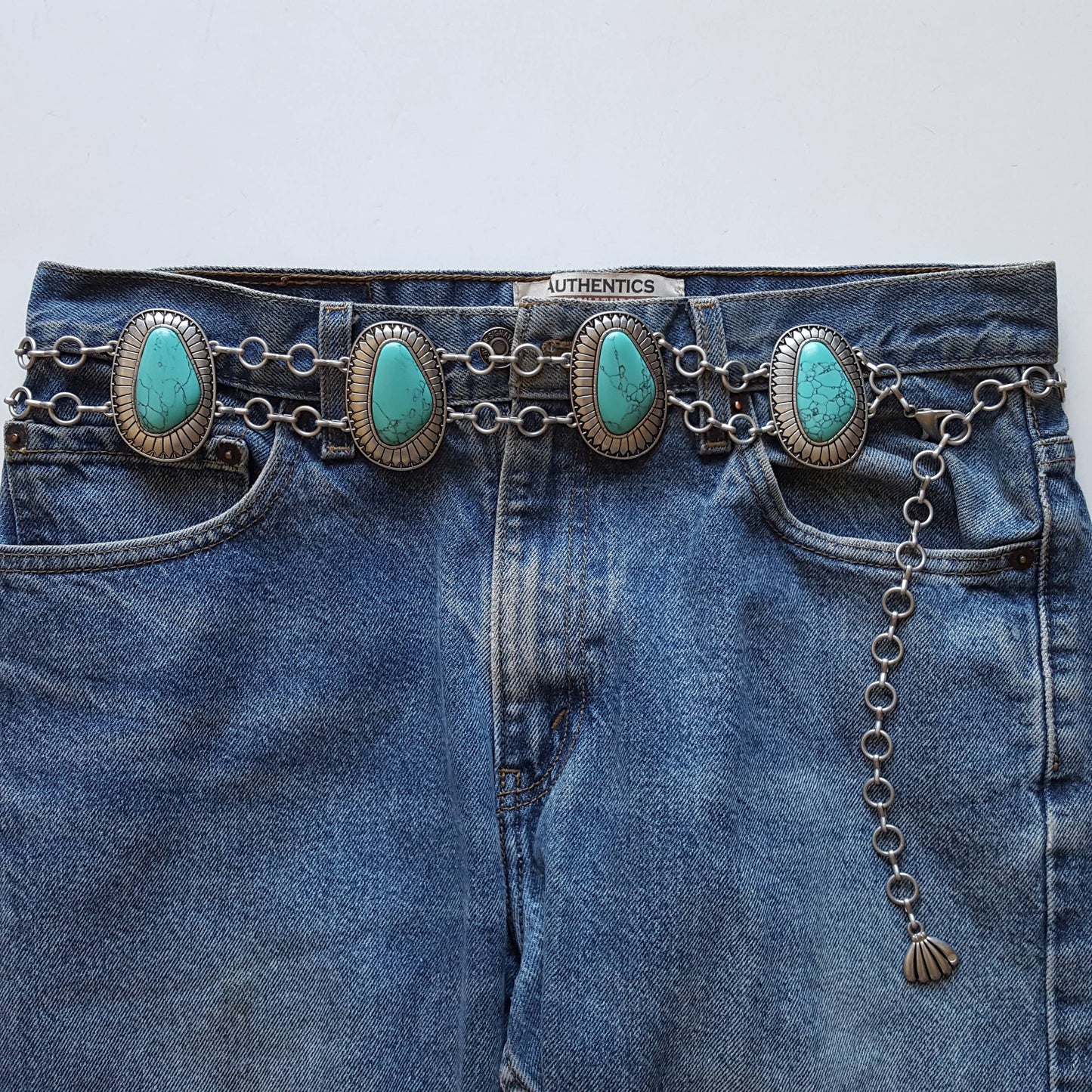 Silver Western Concho Double-Chain belt with stones