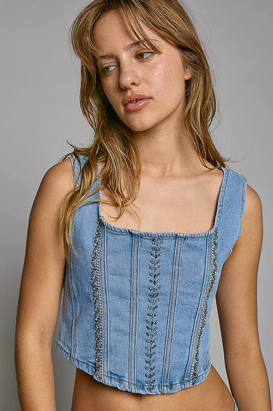 Cropped Square Denim Side Corset Top Zip