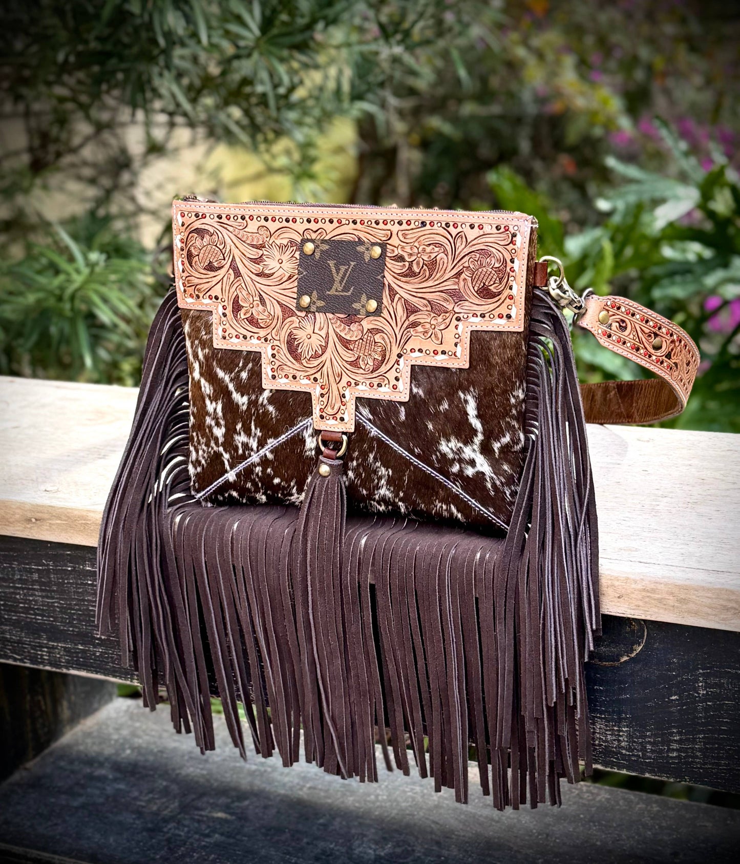 Upcycled LV Cowhide Tooled Leather Fringe Crossbody Bag 
