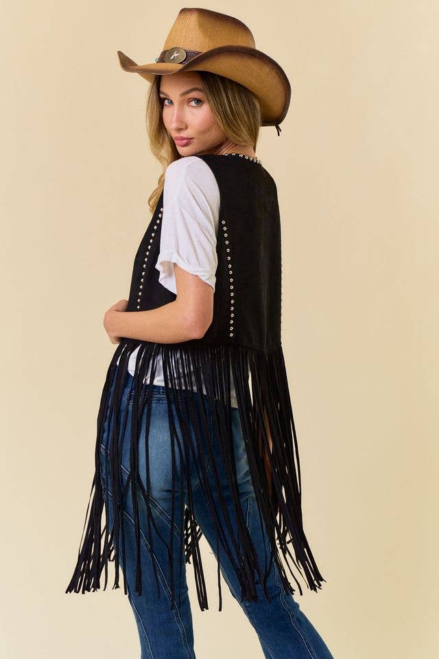 Black Studded Long Fringe Suede Vest