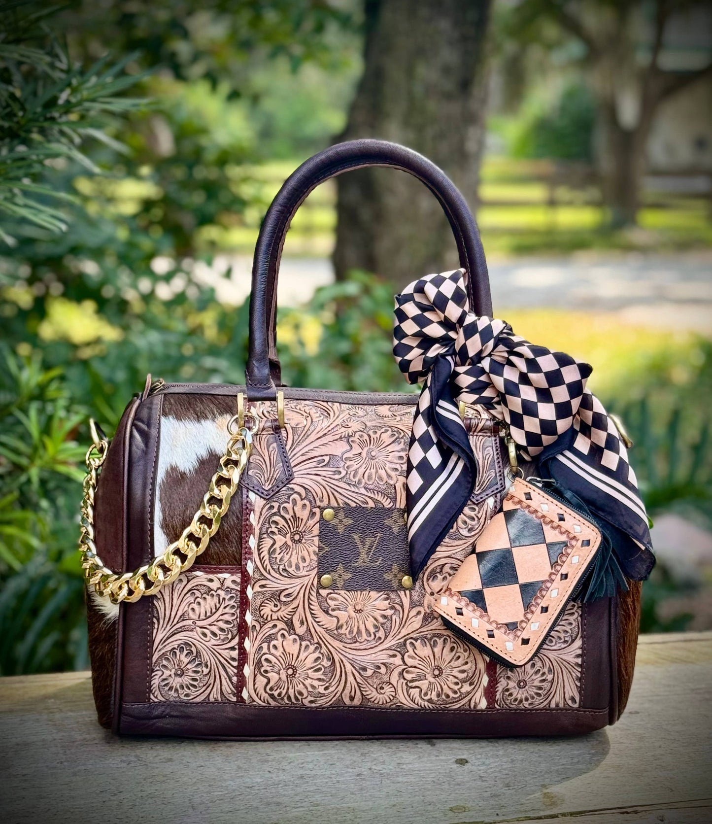 Upcycled LV Tooled Leather Cowhide Crossbody Bag 