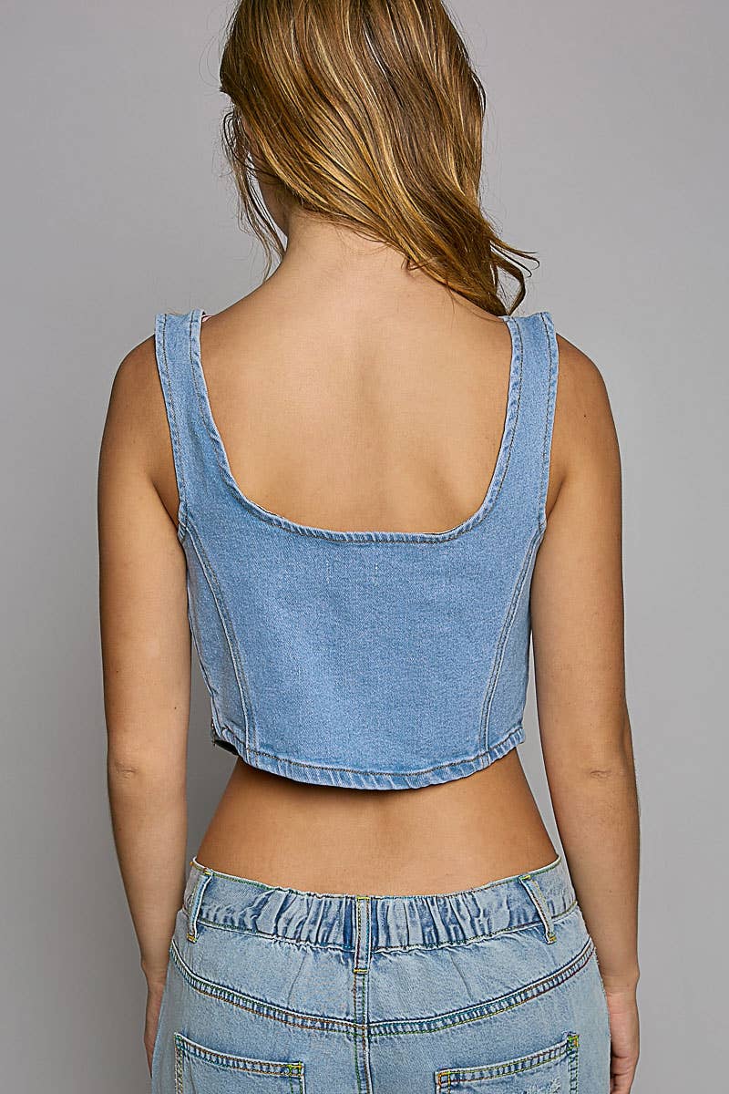 Cropped Square Denim Side Corset Top Zip