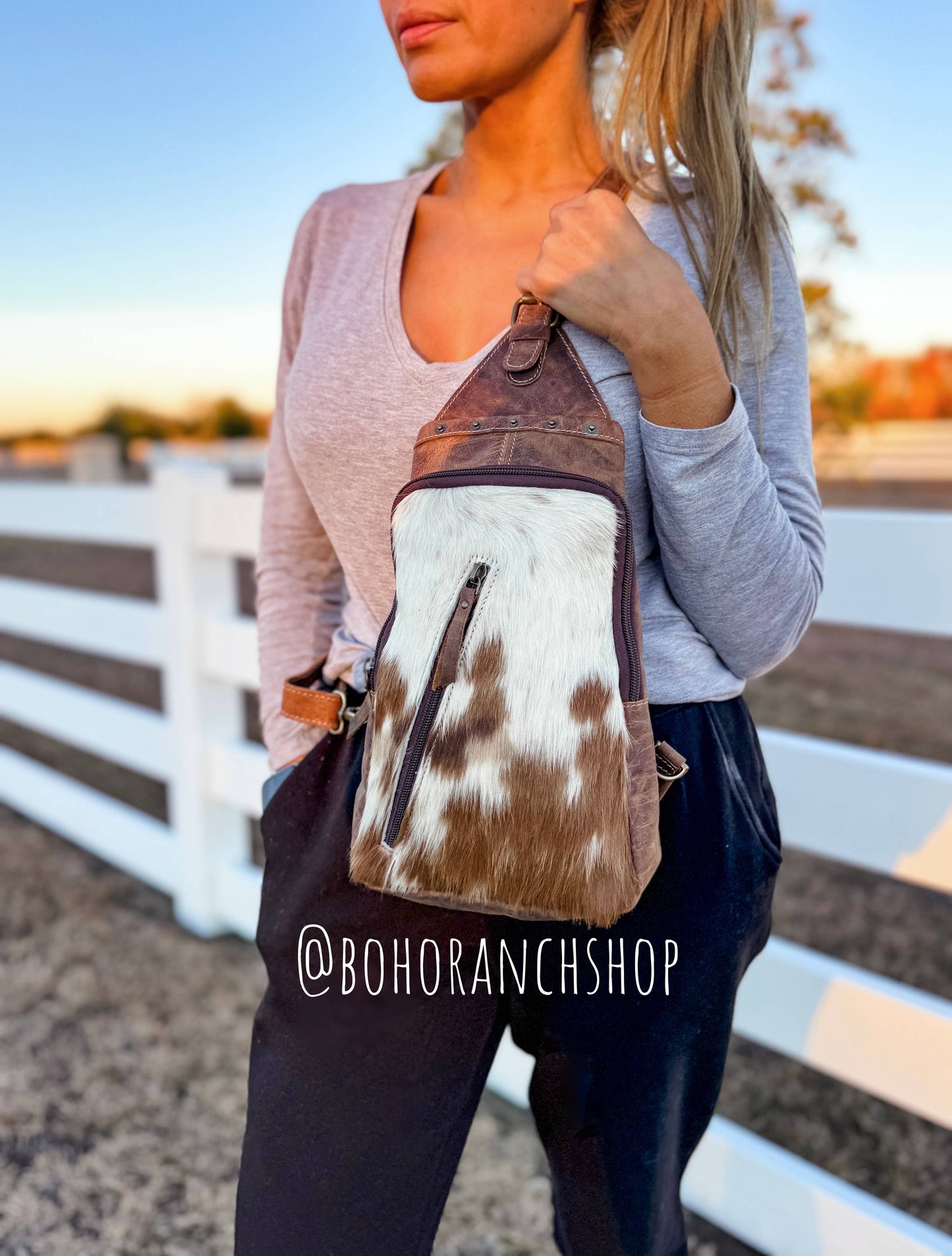 Western Cowhide Leather Sling Bag - travel bag chest bag