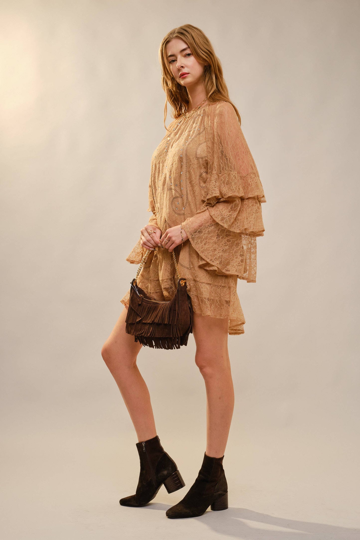 Round Neck Western Embroidery Ruffle Sleeve Dress