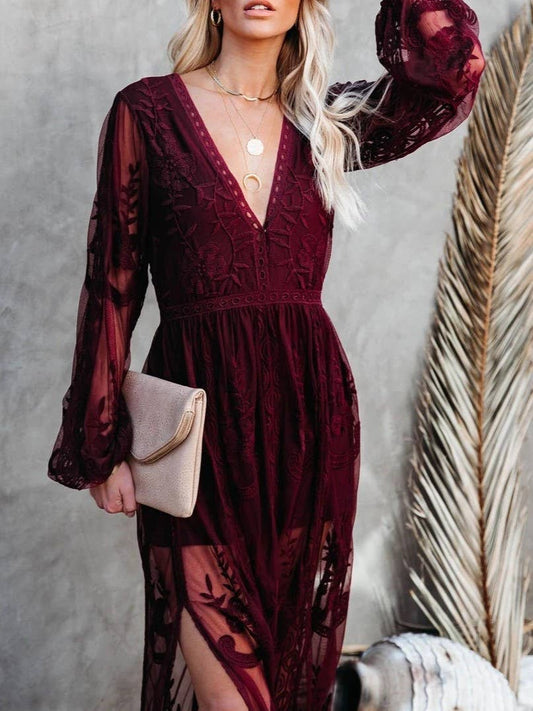 Wine Lace Long Sleeved Summer Maxi