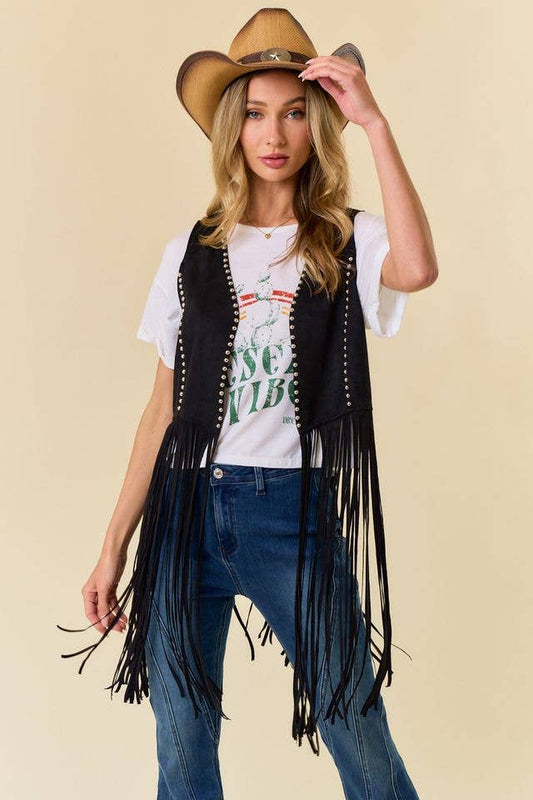 Black Studded Long Fringe Suede Vest