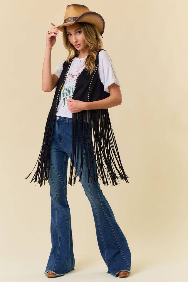 Black Studded Long Fringe Suede Vest