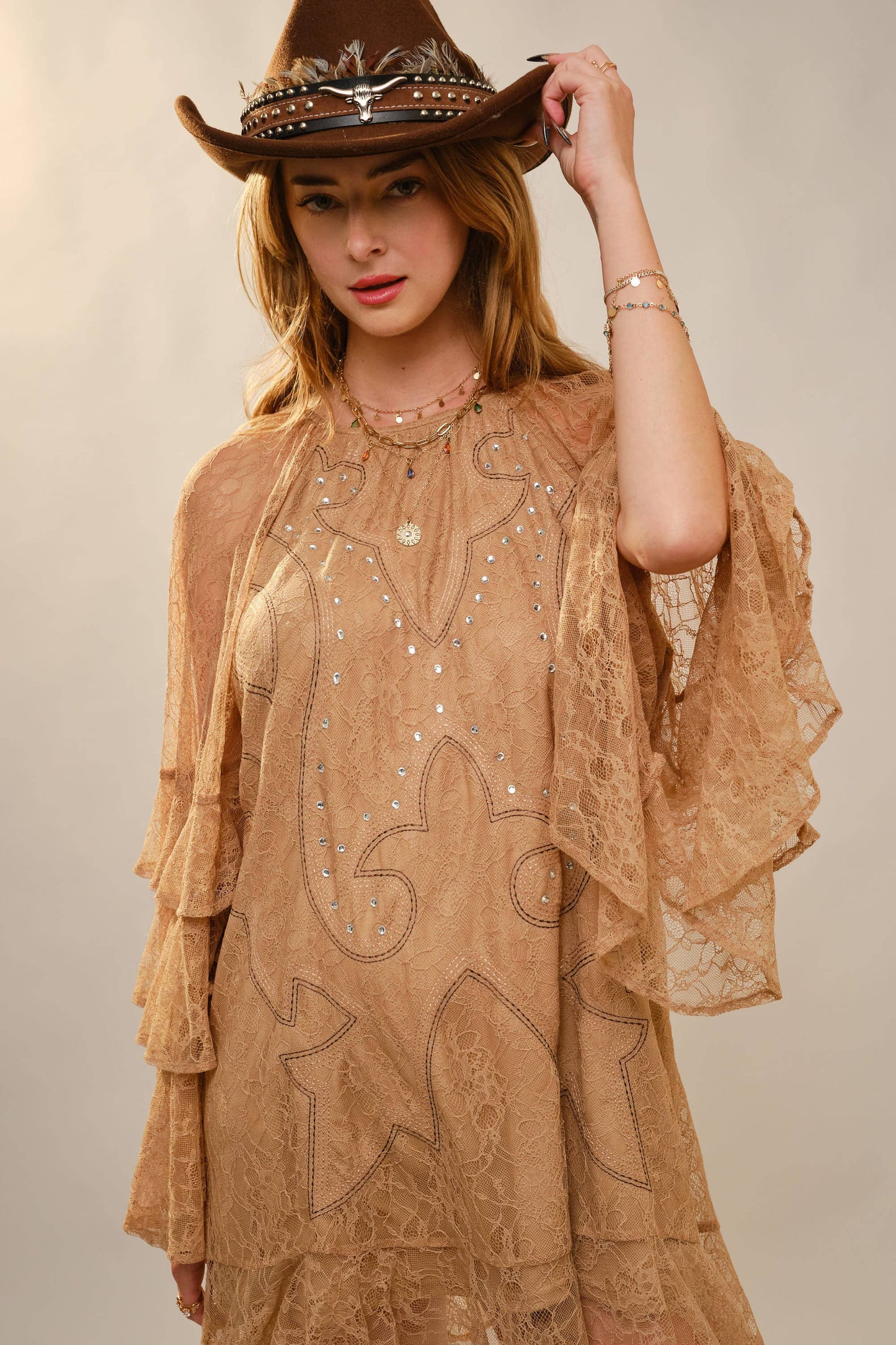 Round Neck Western Embroidery Ruffle Sleeve Dress
