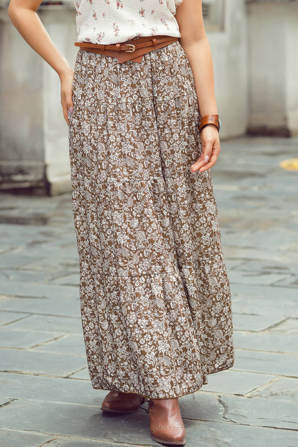 Western Floral Print Ruffled Hem High Waist Loose Maxi Skirt