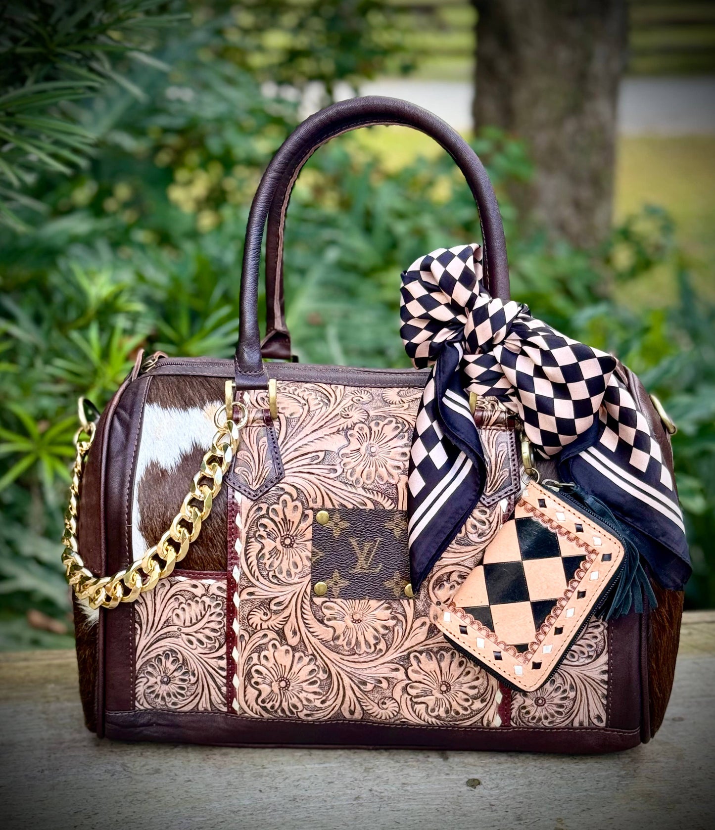 Upcycled LV Tooled Leather Cowhide Crossbody Bag 