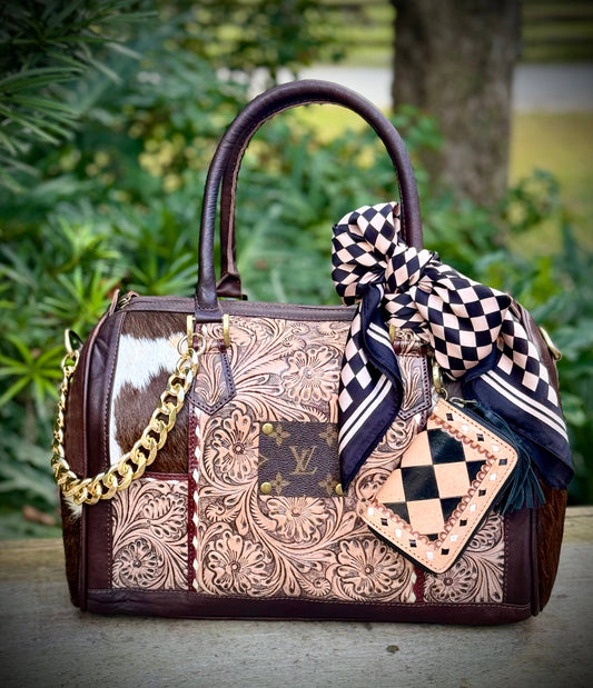 Upcycled LV Tooled Leather Cowhide Crossbody Bag 