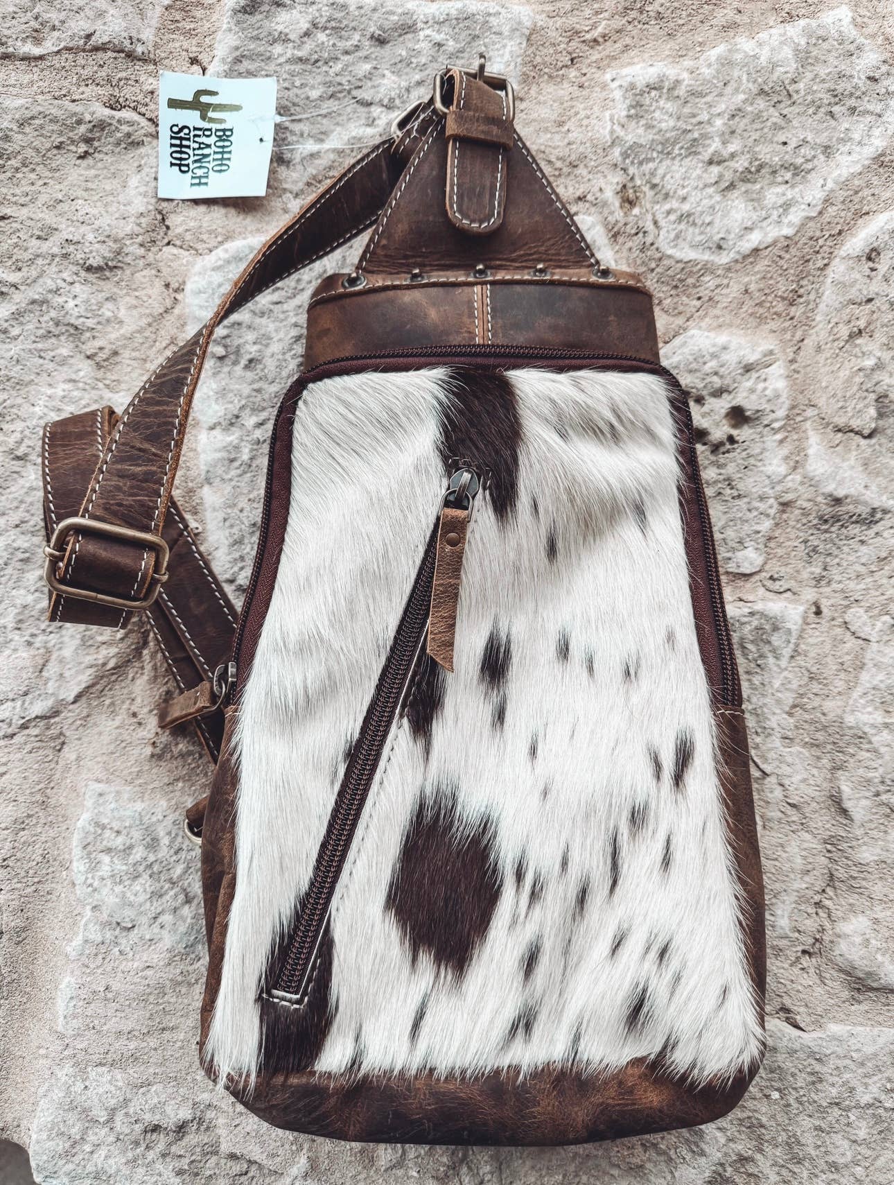 Western Cowhide Leather Sling Bag - travel bag chest bag
